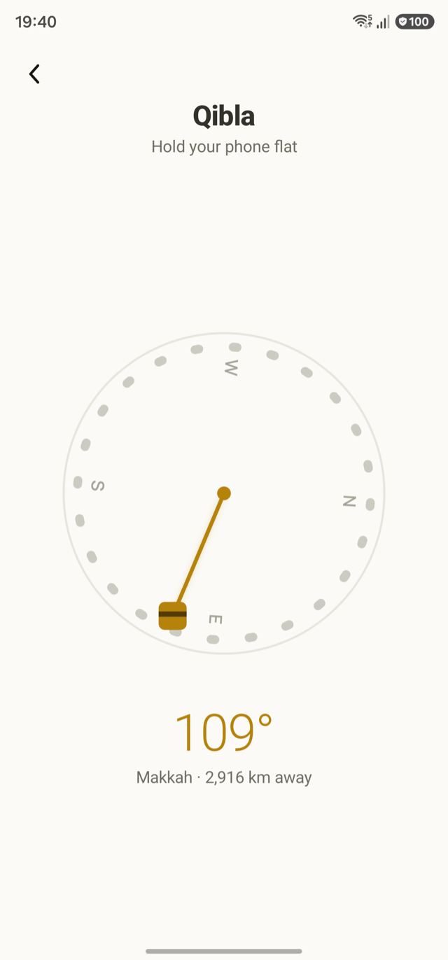 The Qibla compass, turned to true north, the Kaaba marker on the rim