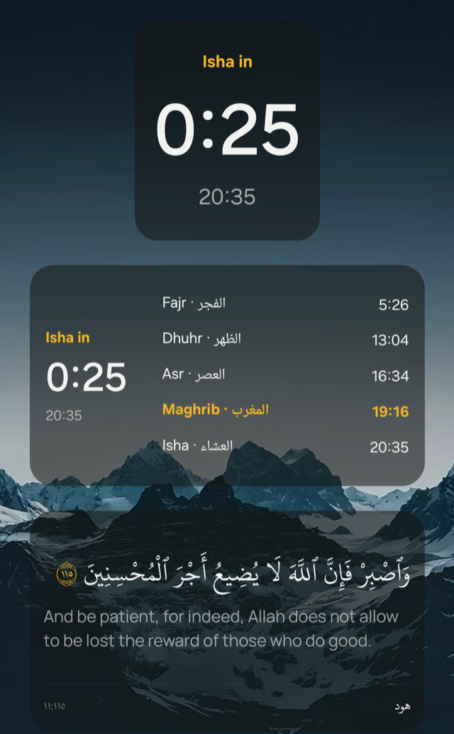 Three home-screen widgets on a phone: a small countdown to the next prayer, a medium one with the countdown and the day's five times, and an ayah card with the Arabic and its translation